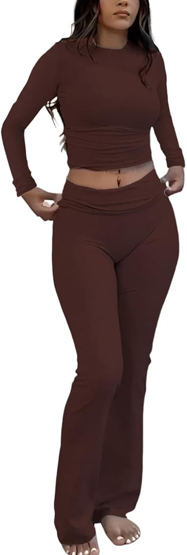 ZFLM Casual Workout Two Piece Outfits Long Sleeve High Waist Fold-over Flare Flared Leggings Pant... | Amazon (US)