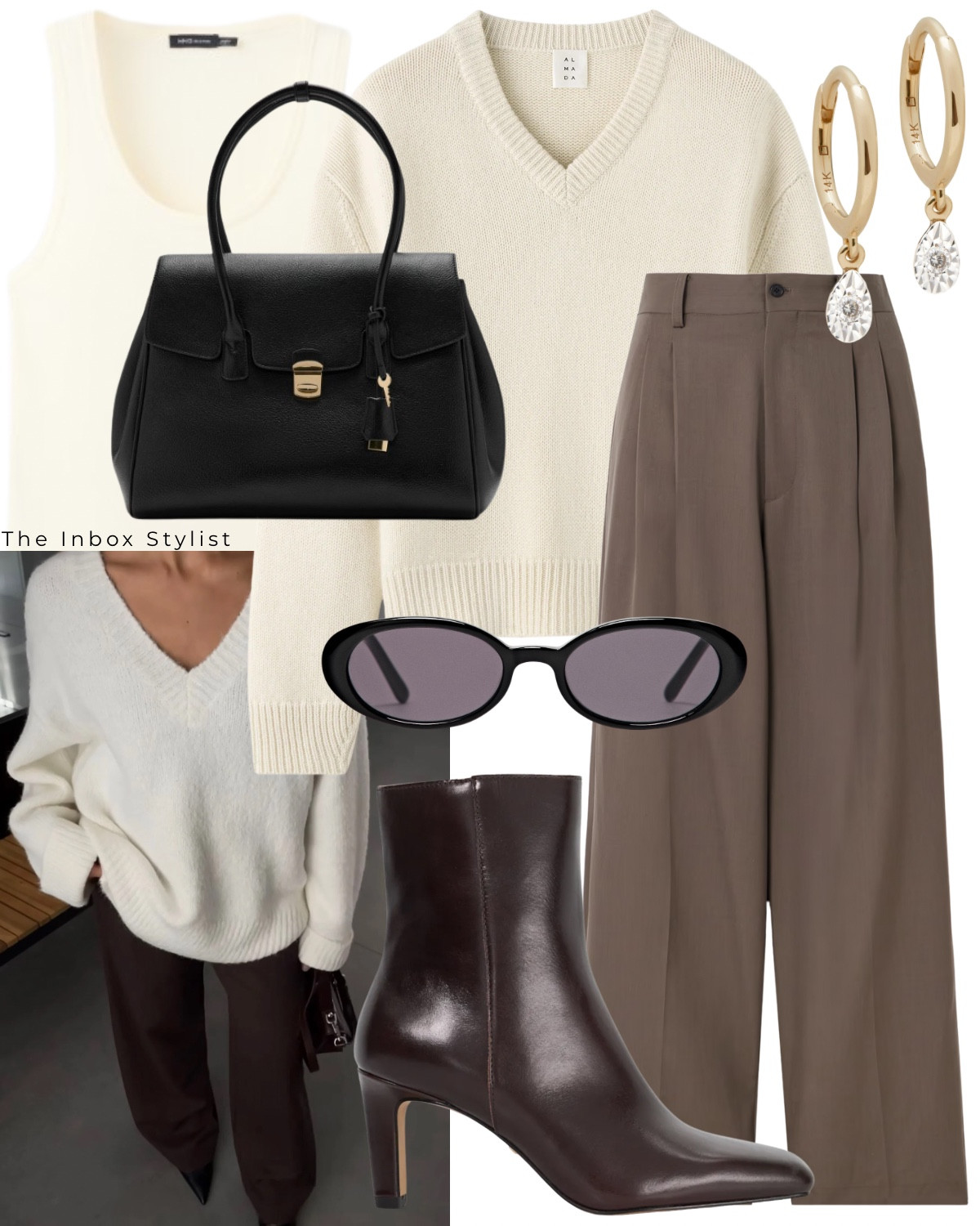 V-neck knits are a Spring staple. 

Including cream v-neck jumper, brown tailored trousers, black handbag, white vest top, gold + diamond huggie earrings, black sunglasses, brown heeled ankle boots  

#LTKUK #LTKspring #LTKWorkwear