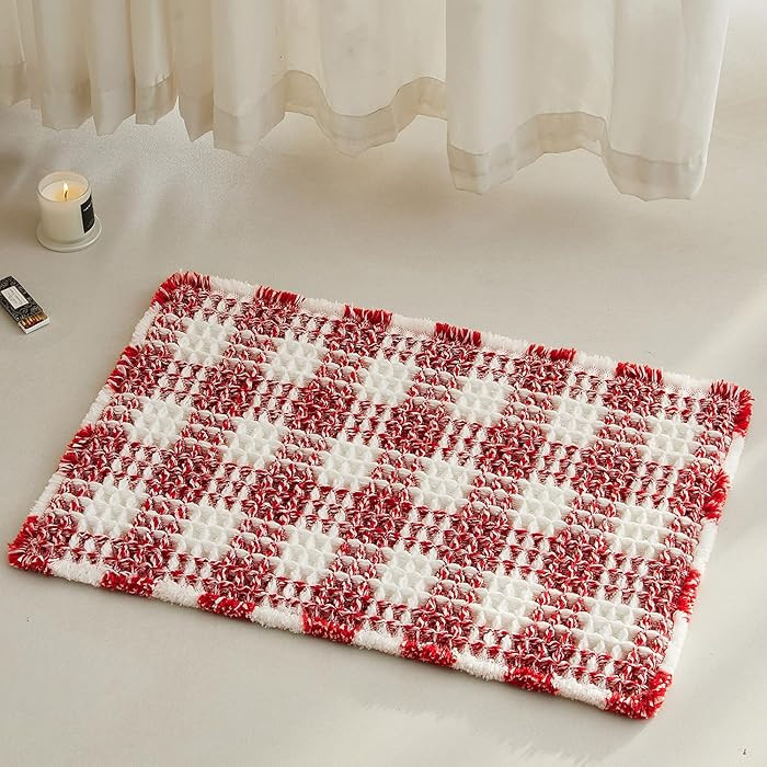 Waffle Bath Mat Bathroom Rugs Bathroom Mat Checkered 24"x16" Red and White | Amazon (US)