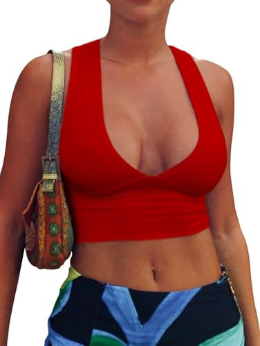 AEPEBO Sexy Crop Tops for Women Deep V Neck Back Cutout Sleeveless Plunge Racerback Tank Cropped Top (Red, Medium) | Amazon (US)