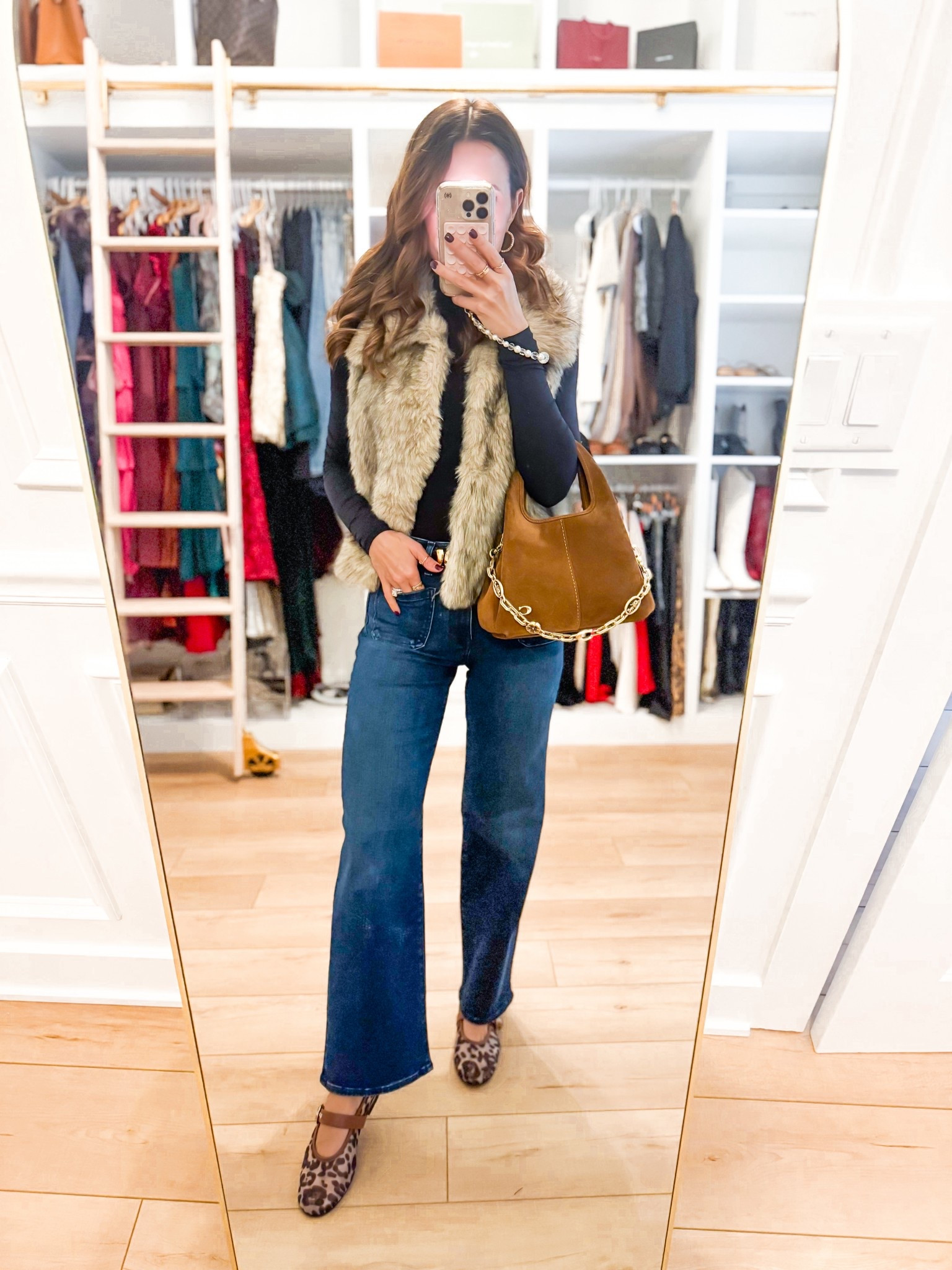 Winter outfit. Elevated casual. Madewell Emmett wide leg jeans in 24 petite. Target faux fur vest in XS - linking similar. Coach suede bag and chain strap. Leopard ballet flats are TTS. Amazon seamless bodysuit. 

#LTKHoliday #LTKGiftGuide #LTKootd