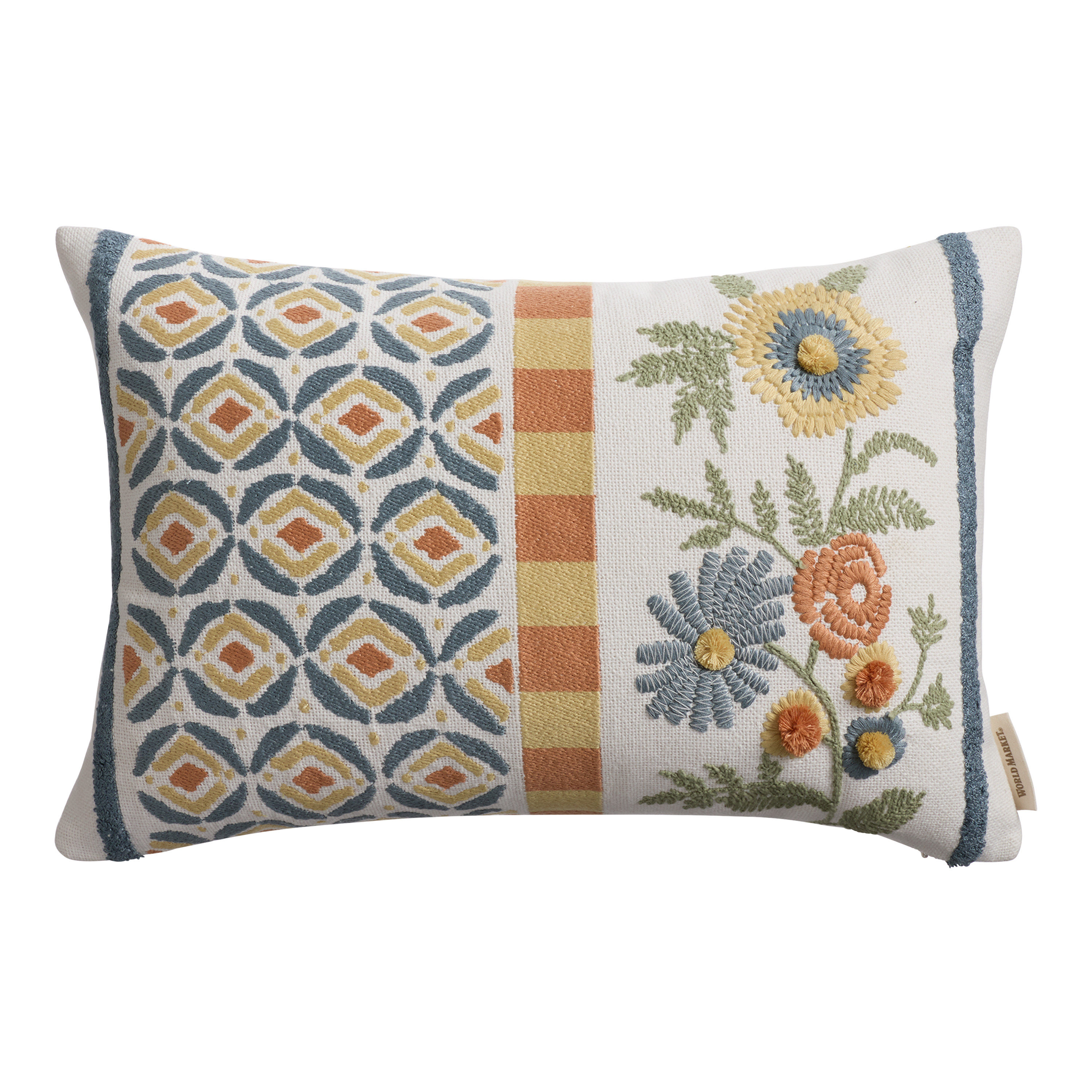 White and Muted Floral Geo Embroidered Lumbar Pillow | World Market