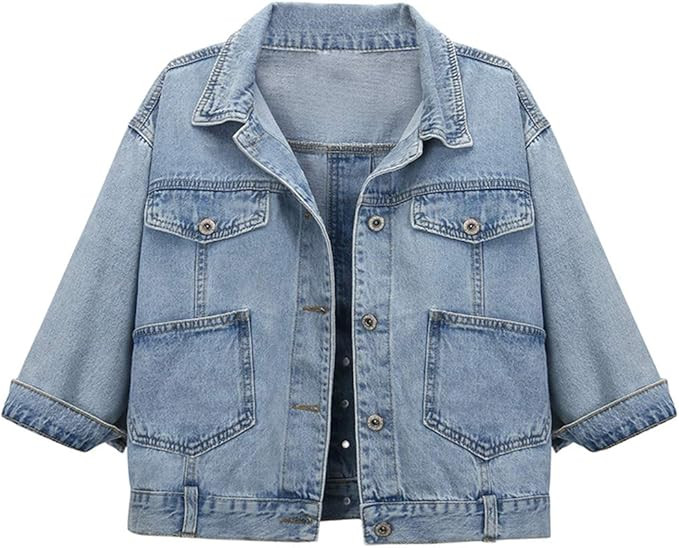 Women Autumn 3/4 Sleeve Retro Short Denim Jackets Light Blue Jean Coats | Amazon (US)