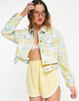 Urban Revivo floral print denim jacket with cut out detail in multi | ASOS (Global)