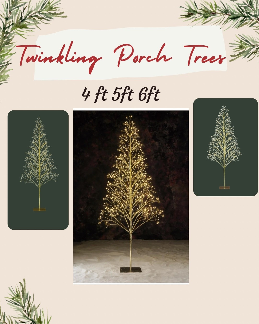 Twinkling Porch Trees from Walmart ✨
Add the perfect cozy glow to your porch or living space this holiday season! These stunning gold trees come in 4 ft, 5 ft, and 6 ft — making them easy to layer for that designer look. Perfect to place in a basket by the front door or beside the fireplace for a magical touch.

Walmart holiday decor, twinkling porch tree, gold Christmas tree, front porch decorations, indoor outdoor lights, cozy home styling, Christmas home decor, festive entryway, winter wonderland.

#LTKSeasonal #LTKHome #LTKFindsUnder100