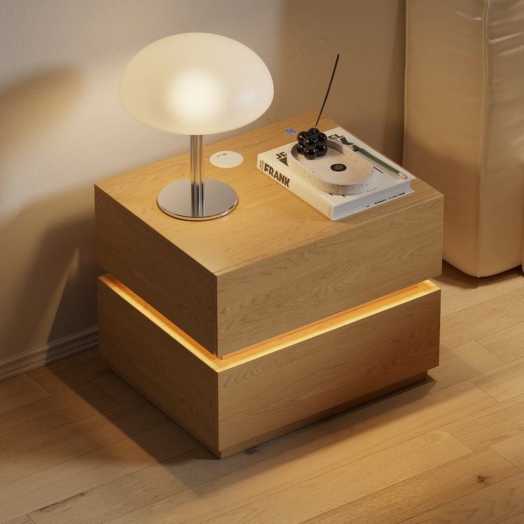 Smart LED Natural Nightstand Wireless Charging Station Wood Bedside Table with Light | Homary | Homary