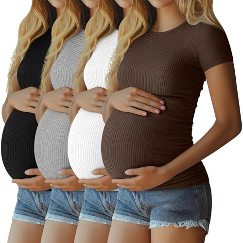Neer 4 Pack Women's Maternity Shirts Ribbed Short Sleeve Maternity Tops Crew Neck Cotton Tee Side Ruched Pregnancy Clothes(Black, Light Gray, White, Coffee,Medium) | Amazon (US)