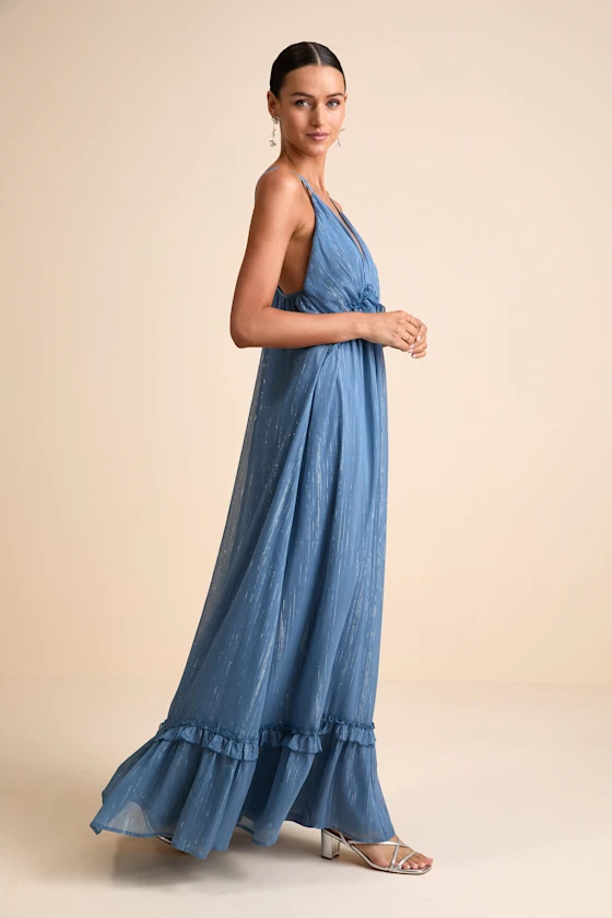 Massiel Blue Lurex Ruffled Maxi Dress | Lulus