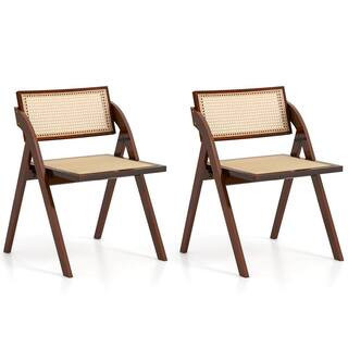 Brown Wood Foldable Dining Chairs Set of 2 with Woven Rattan Backrest & Seat Rubber Wood Frame | The Home Depot