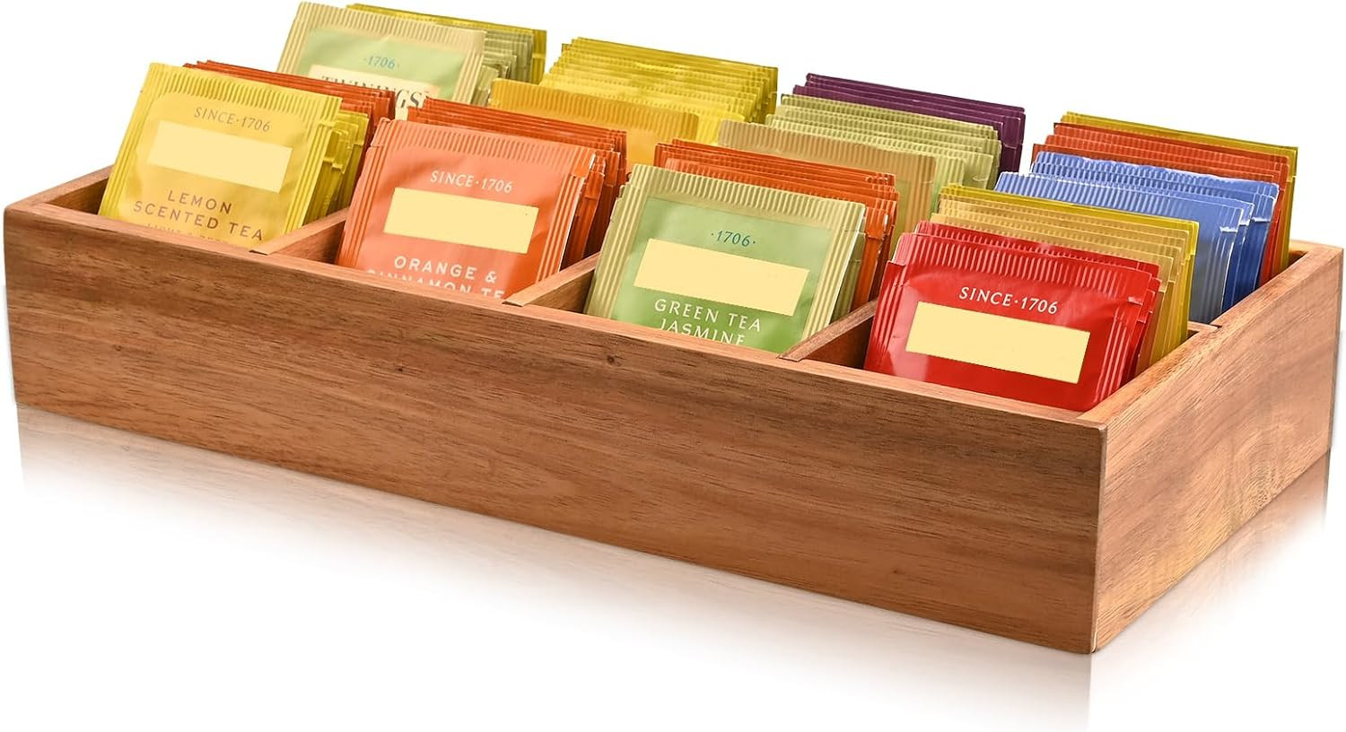 Acacia Wood Tea Bag Organizer with 8 Slots – Tea Bag Holder and Tea Organizer, Sugar Packet Storage for Countertops | Amazon (US)