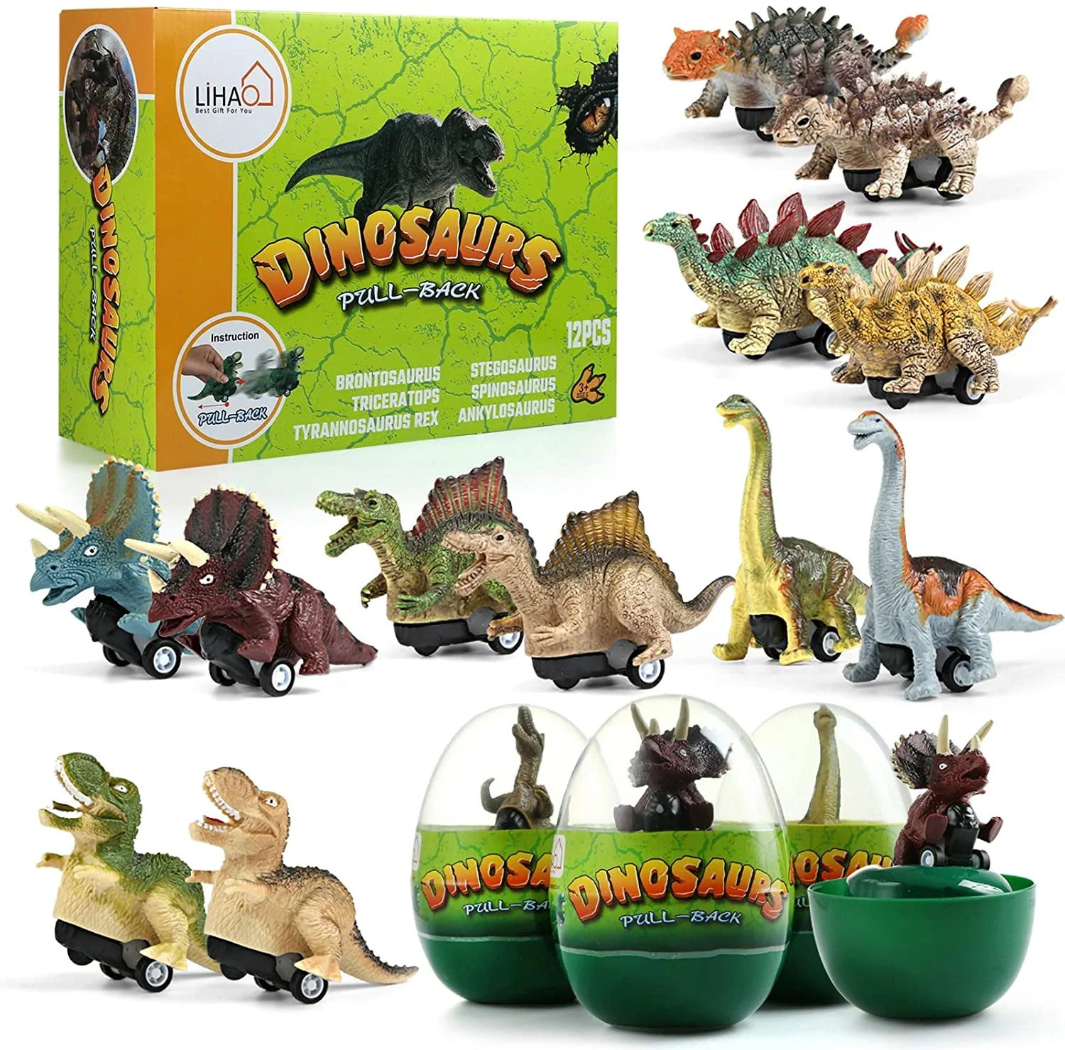 Naler Pack of 12 Dinosaur Pull Back Cars with Jumbo Eggs,Dino Surprise Easter Eggs for Kids Easte... | Walmart (US)