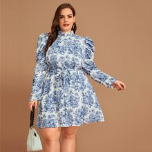 Plus Mock Neck Landscape Print Gigot Sleeve Belted Dress | SHEIN