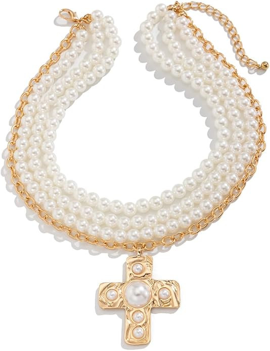 Pearl Cross Necklace for Women Chunky Gold Cross Necklace Layered Cross Pearl Stacked Choker Neck... | Amazon (US)