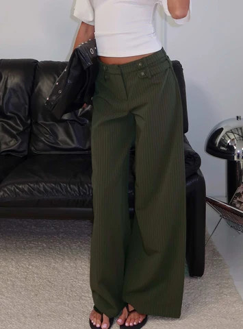 Jette Tailored Buckle Pant Green Pinstripe | Princess Polly US