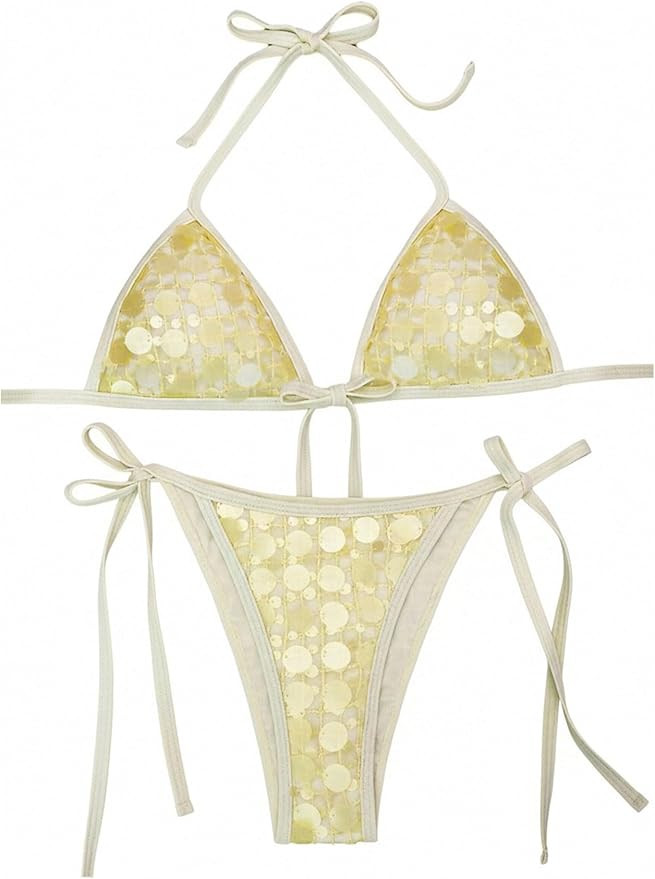 MakeMeChic Women's Sequin String Bikini Sets Triangle Halter Cheeky Beach Vacation Summer Bathing... | Amazon (US)