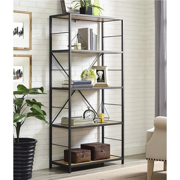 63-inch Rustic Metal and Wood Media Bookshelf - Barnwood | Bed Bath & Beyond
