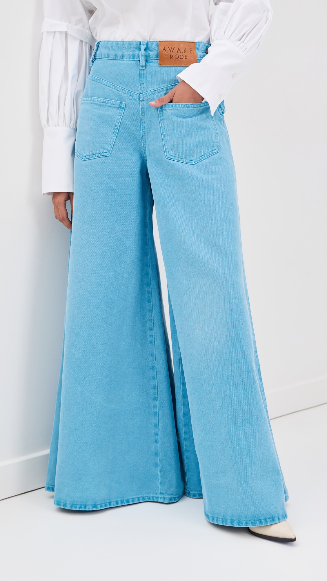 A. W.A. K.E. MODE Super Wide Leg Mirror Jeans Bright Blue 38 | Shopbop