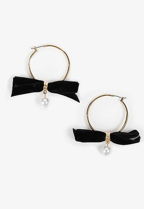 Gold Black Velet Blow Pearl Hoop Earrings | Maurices