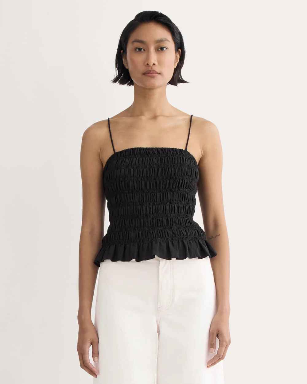 Everlane Smocked Tank Top | Black | Small | Viscose/Linen | Everlane