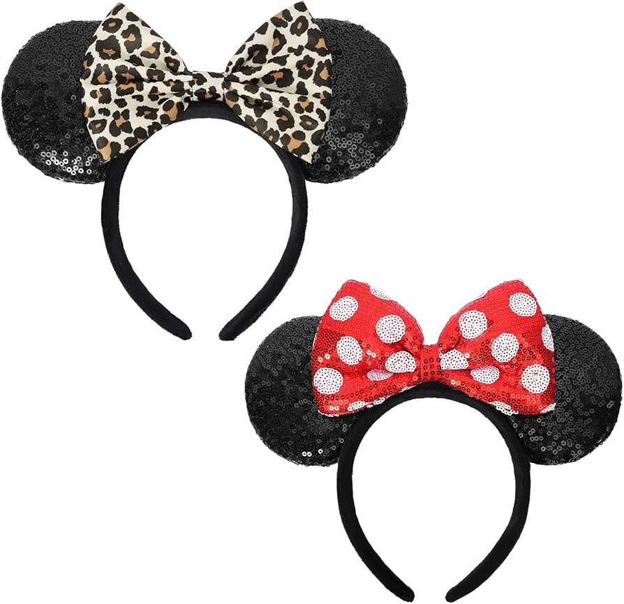 Mouse Ears Headbands, 2 PCS Classic Leopard Mouse Ears for Women Girls, Shiny Bow Headbands Party... | Amazon (US)