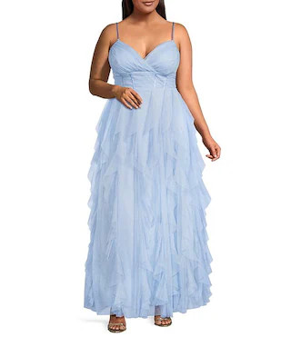 Plus Size Glitter Mesh V-Neck Corseted Corkscrew Ruffled Dress | Dillard's
