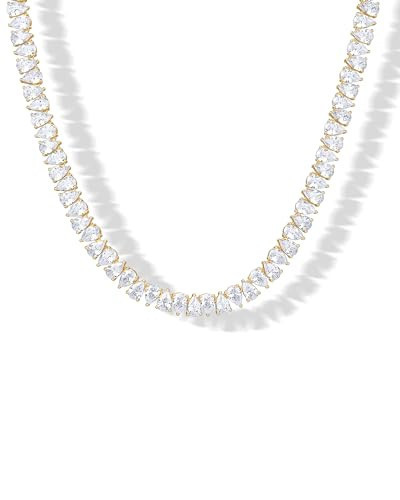 PAVOI 14K Yellow Gold Plated Simulated Diamond Tennis Necklaces for Women - Classic Tennis Chain - Timeless Pear Cubic Zirconia Stones Choker Necklace -Size 15" | Amazon (US)