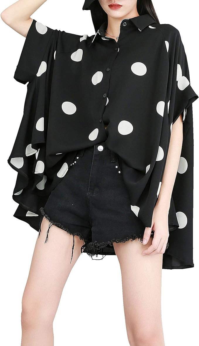 ellazhu Women's Batwing Sleeve Polka Dot Printed Button Down Blouse Oversized Shirt Top for Summe... | Amazon (US)