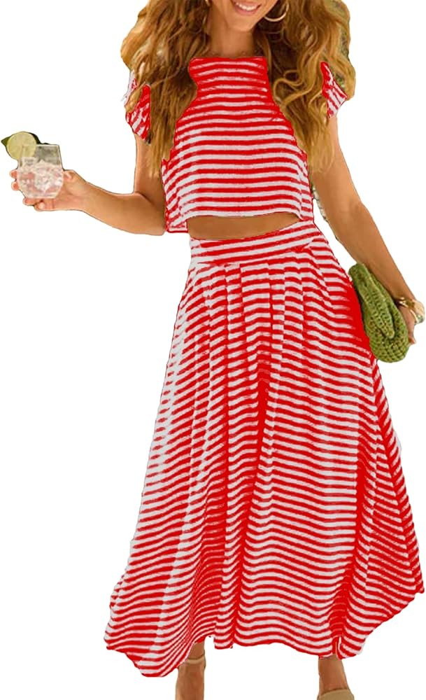 Zontroldy Women's Summer 2 Piece Outfits Striped Skirt Sets Cap Sleeve Crop Top Midi Dress Matchi... | Amazon (US)