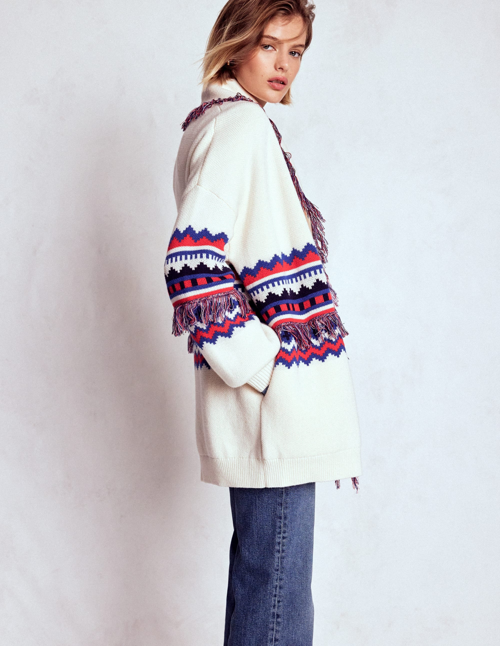 Fringed Jacquard Cardigan-Warm Ivory Melange | Boden UK
