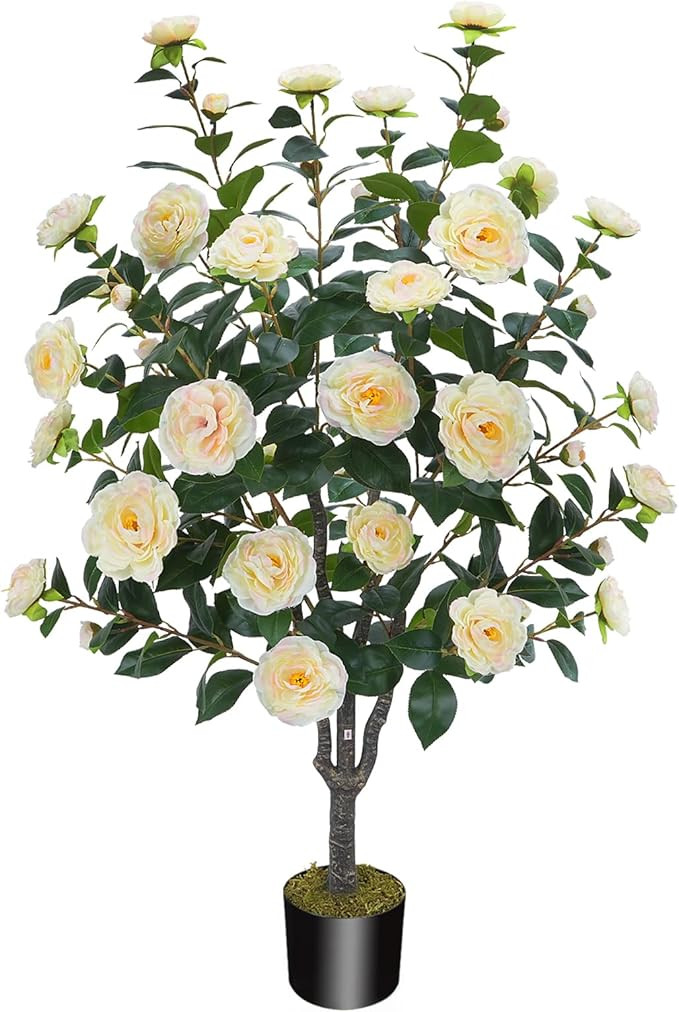 3.6FT Artificial Camellia Fake Tree, Artificial Plants & Flowers with 32 Yellow Pink Flowers for ... | Amazon (US)