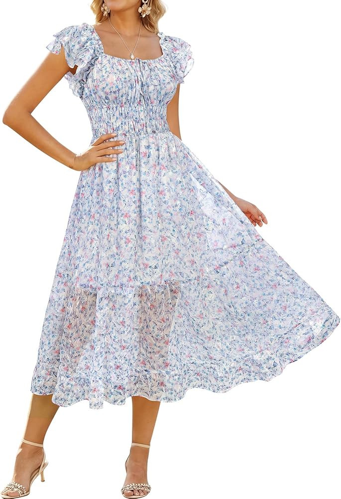 GRACE KARIN 2026 Women's Spring Floral Midi Dress Square Neck Beach Wedding Guest Dresses Flowy A... | Amazon (US)