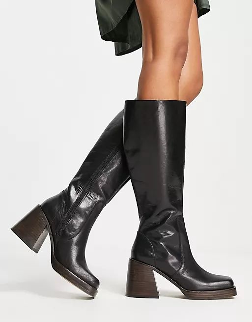 ASOS DESIGN Cracking leather mid-heel knee boots in black | ASOS (Global)