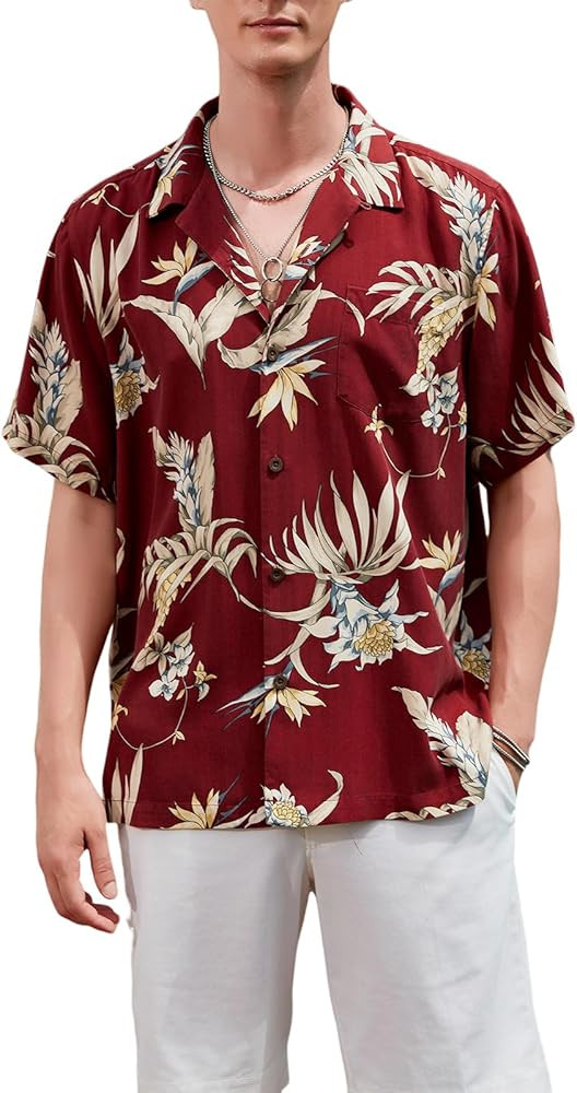 Men's Silk Hawaiian Floral Shirts Short Sleeve Button Down Casual Tropical Holiday Beach Shirts | Amazon (US)