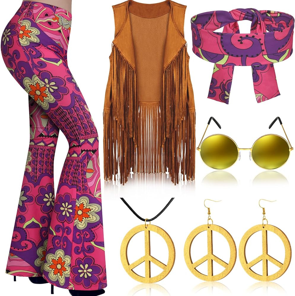 Haull 7 Pcs 60s 70s Outfits for Women Hippie Costume Set Boho Flared Pants Fringe Vest Peace Sign... | Amazon (US)