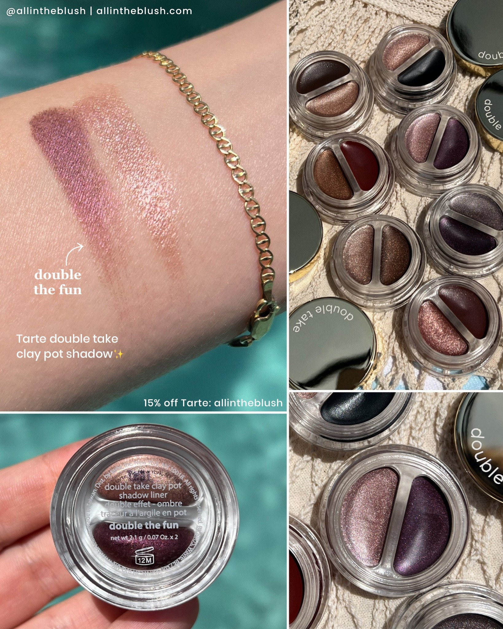 Swatching Tarte’s Double Take Clay Pot Shadow Liner in Double the Fun. Save 15% off Tarte with code: allintheblush

#LTKBeauty #LTKgrwm #LTKootd