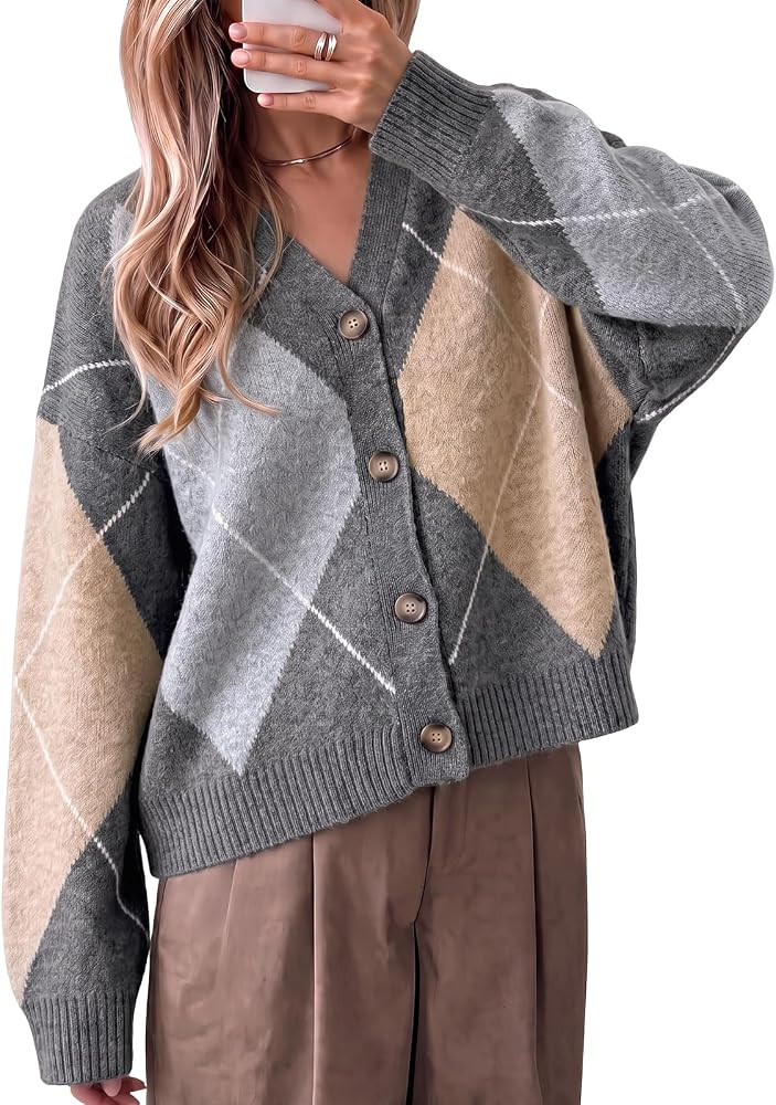 Cicy Bell Women Plaid Color Block Cardigan V Neck Long Sleeve Knit Sweater | Amazon (US)