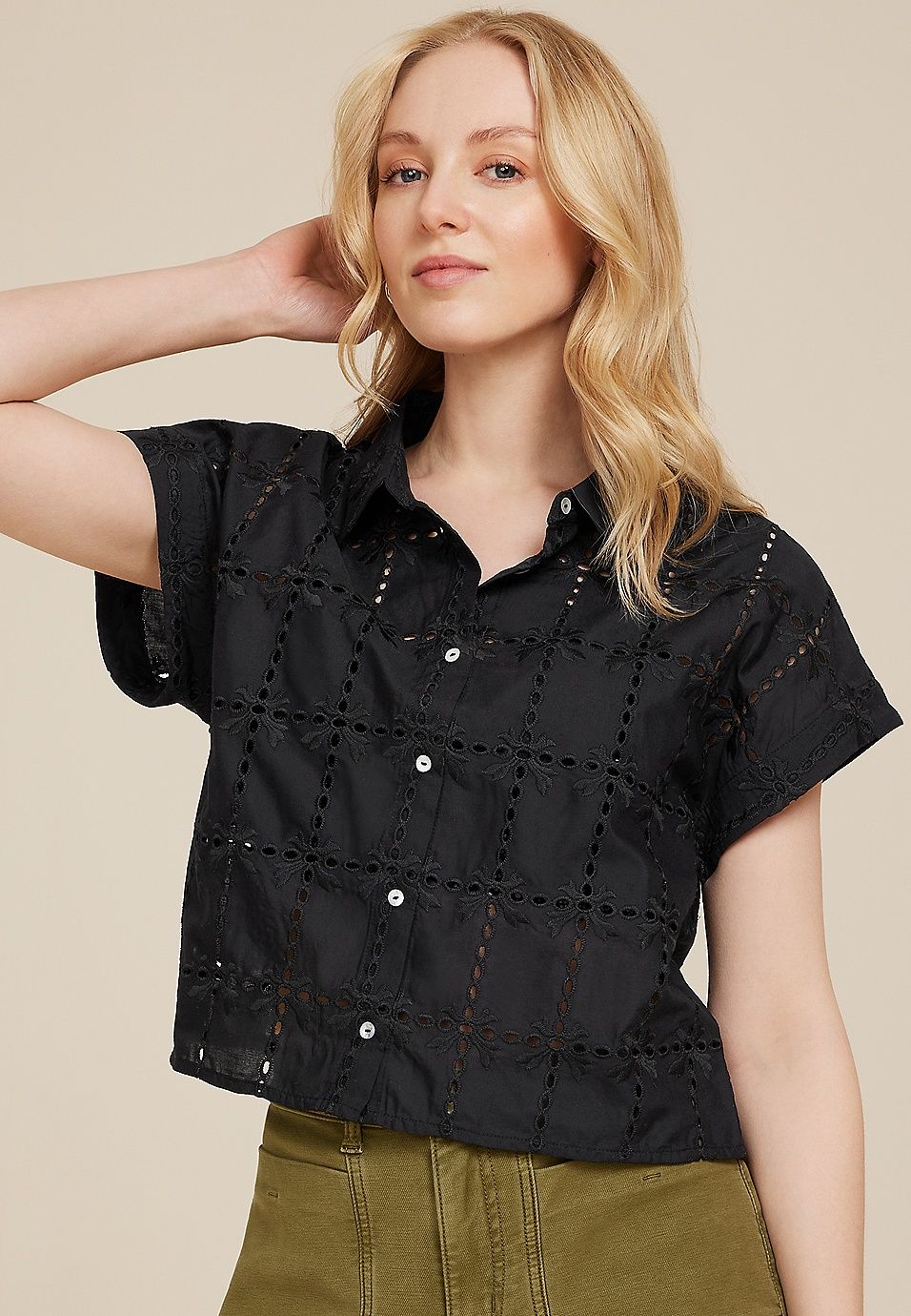 Eyelet Button Down Cropped Shirt | Maurices