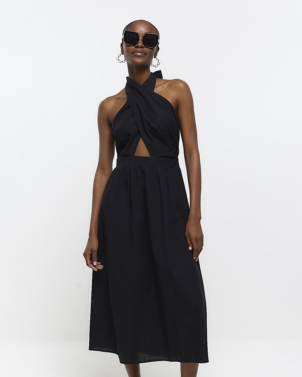 Black linen halter neck midi dress | River Island (US)