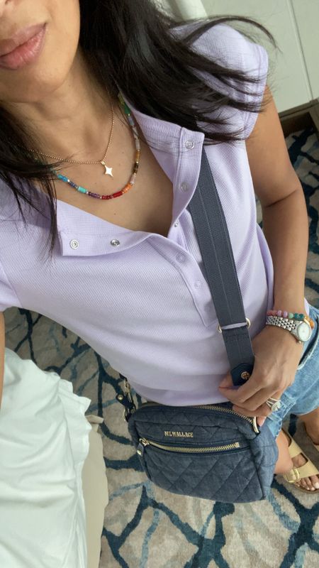 Cruise outfit. Vacation outfit. Henley top true to size. Shorts true to size. Denim bag. Denim handbag. Charm necklace from @mirandafrye use code HINTOFGLAM to save. Colorful beaded necklace from @sequin use code NAOMI20 to save  

#LTKitbag #LTKover40 #LTKtravel