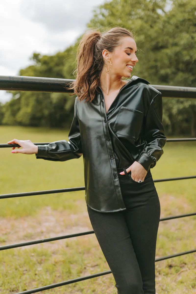 BuddyLove | Brielle Vegan Leather Button Up Top | Black | BuddyLove