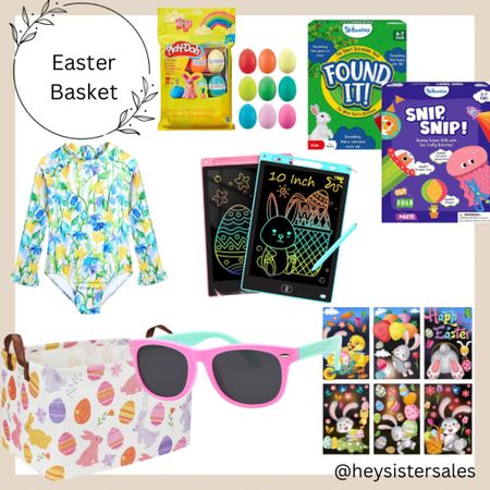 Easter basket for toddlers!

- love adding a swimsuit for all summer long.
- fun games or sensory item like play doh
- my girls are obsessed with sunglasses 
- window clings make a fun activity.

#LTKkids #LTKSeasonal #LTKSpringSale