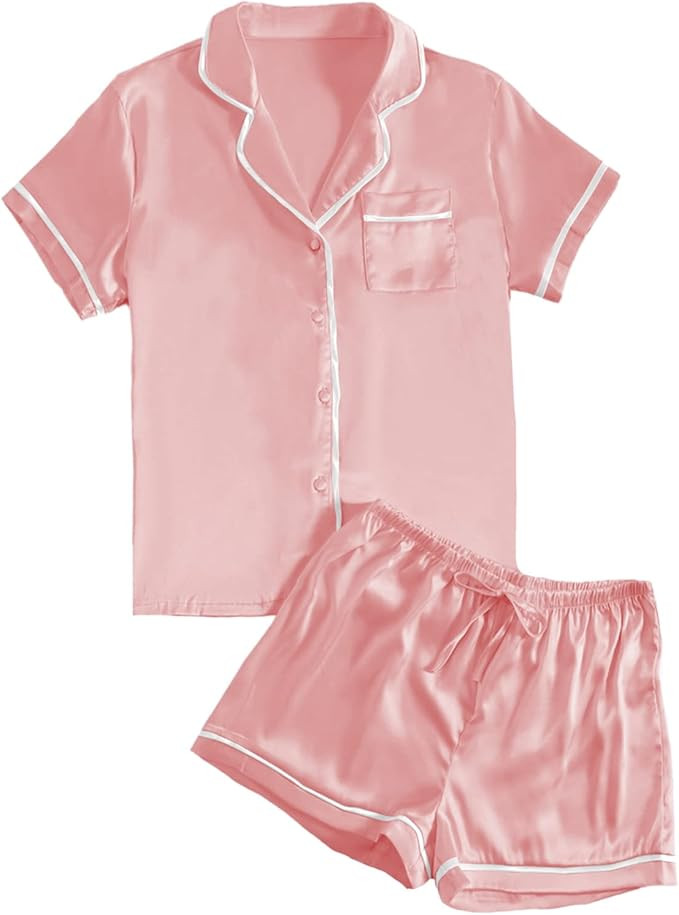 LYANER Women's Satin Silky Short Sleeve Button Shirt Sleepwear 2Piece Pajama Set | Amazon (US)