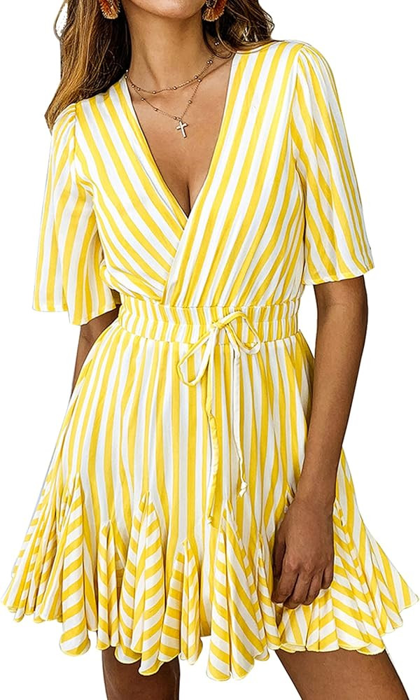 PRETTYGARDEN Women's Casual Summer Striped Dress Short Sleeve Wrap V Neck Ruffle Hem Mini Skater Dre | Amazon (US)
