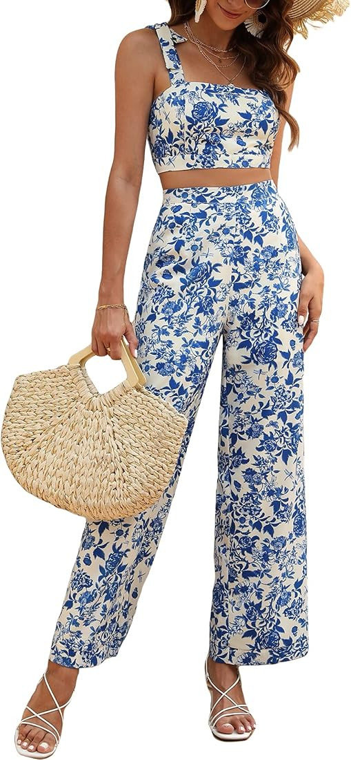 Floerns Women's 2 Piece Boho Floral Print Knot Shoulder Zip Back Crop Cami Top and Maxi Pants Set | Amazon (US)