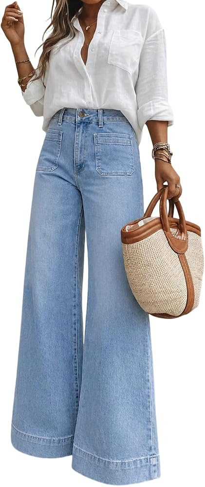 Women's High Waisted Wide Leg Jeans with Retro Patch Pockets Stretchy 70s Vintage Loose Denim Pan... | Amazon (US)
