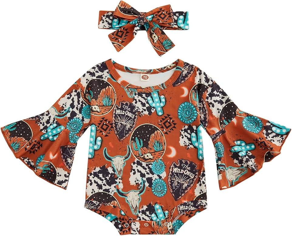 Lamuusaa Newborn Baby Girl Romper Flare Long Sleeve Cow Print Bodysuit One Piece Jumpsuit Headban... | Amazon (US)
