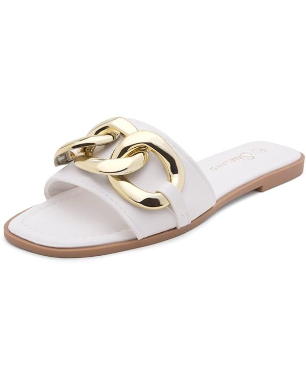 Shoe Land Womens EMMA Flat Sandals Square Open Toe Single Band Slides | Amazon (US)