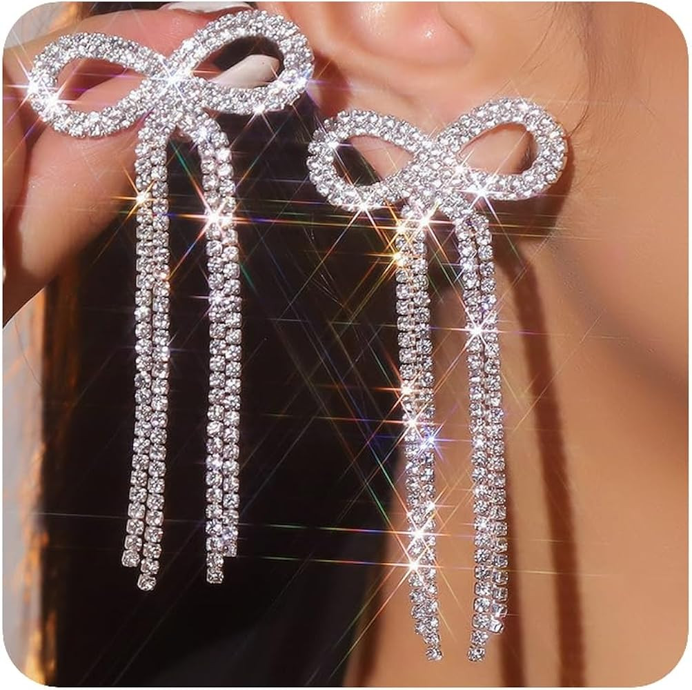 Women Bridal Silver Bow Rhinestone Earrings Dangling for Women Chandelier Statement Tassel Earrin... | Amazon (US)