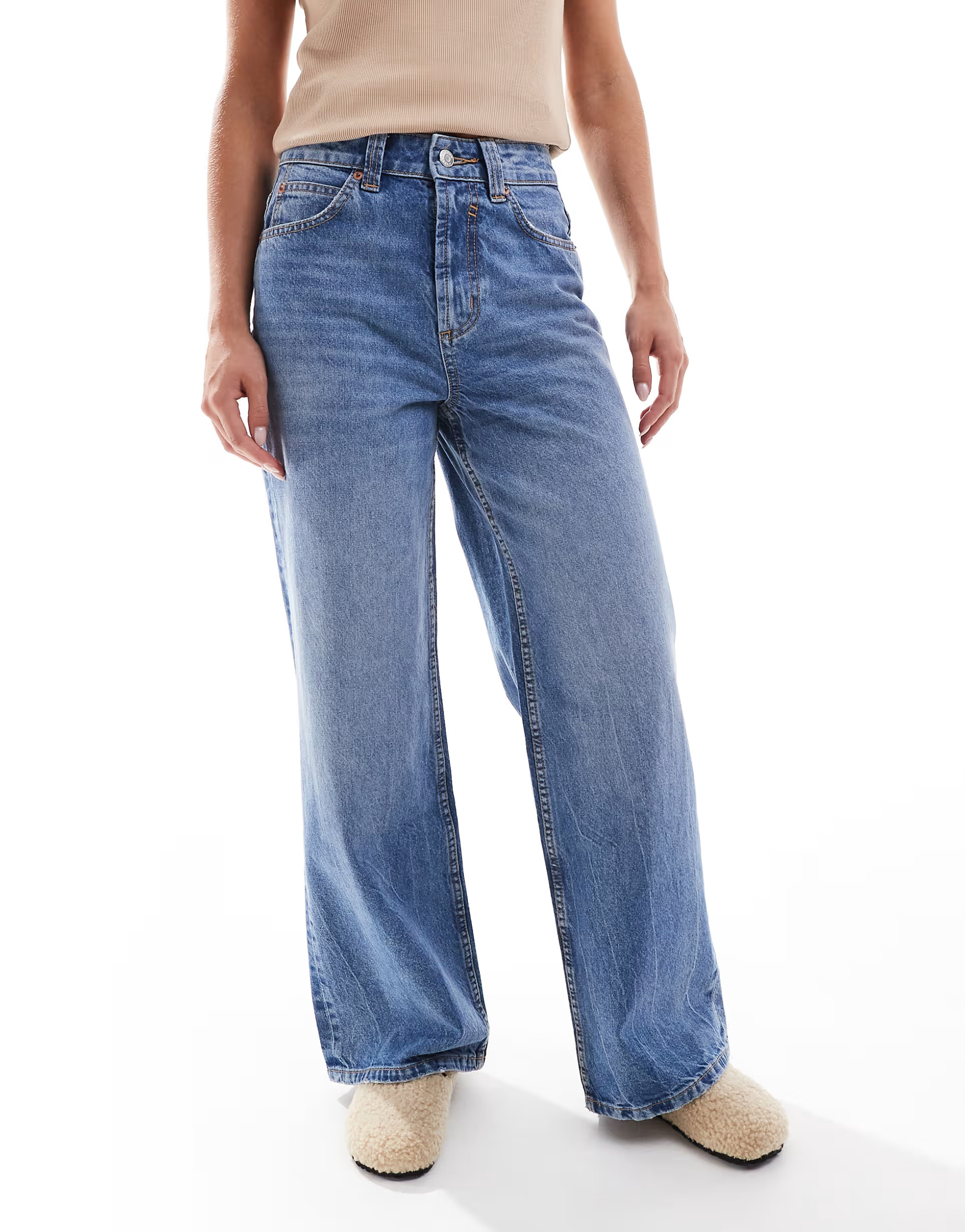 ASOS DESIGN Petite wide leg dad jeans in mid blue | ASOS | ASOS (Global)
