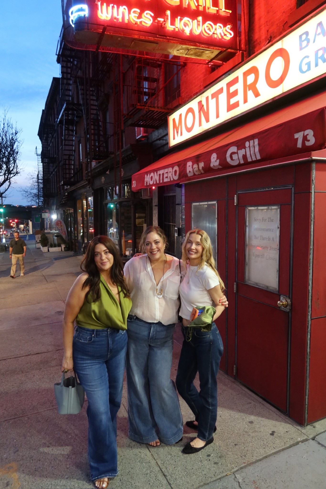 My outfit:

- Maeve Bennet sheer button down (no longer sold)
- Mister b sweater necklace (can't link through LTK)
- Good American Compression Palazzo Pants (true to size), mostly sold out 
- Margaux sandals

Missy:
- lots of boob tape
- mostly sold out halter
- Good American Good Skate soft tech jeans (shade mostly sold out)
- Jill Sanders caged sandals
- Amazon version of the Picotin 
